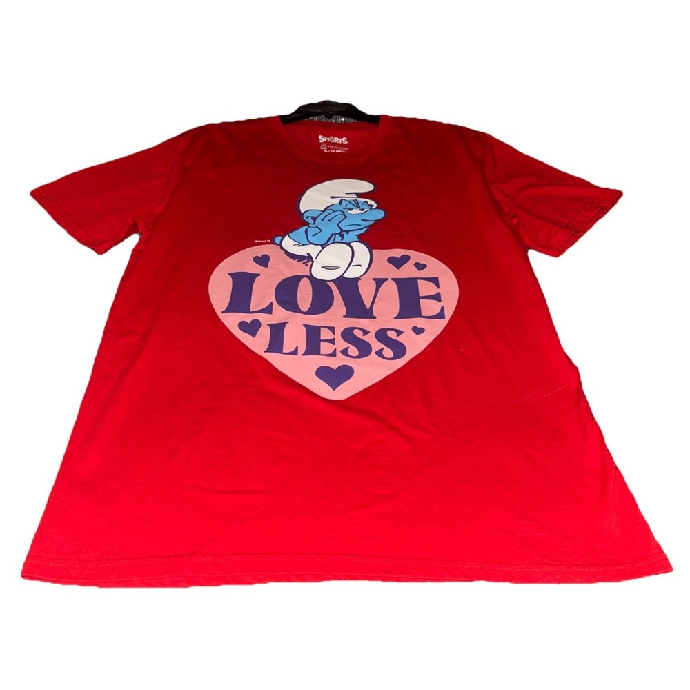 Smurfs Red T-Shirt Featuring Grouchy Smurf "Loveless" Pink Heart Unisex Adult XL